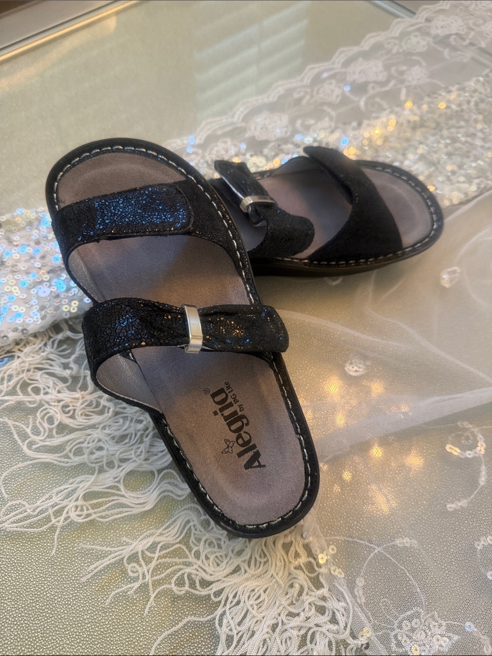 Alegria Black Glitter Strap Slide Sandals with Buckle Size 8